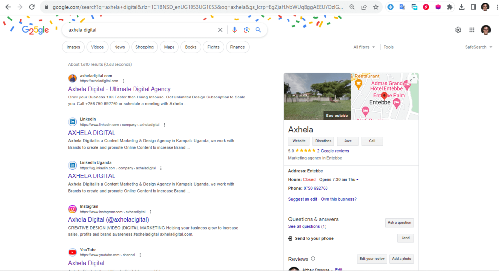 Google My Business search for Axhela Digital